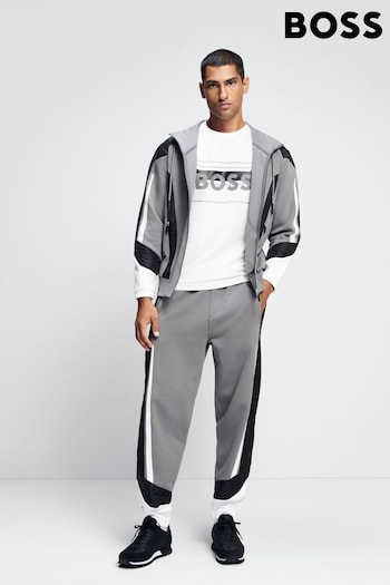 BOSS Grey Mixed-Material Relaxed-Fit Hoodie With Logo Print (Q75356) | £239