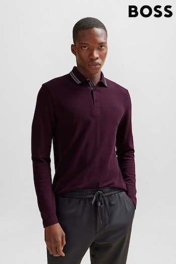BOSS Purple Long-Sleeved Polo Shirt in Cotton Purple With Branding (Q75359) | £99