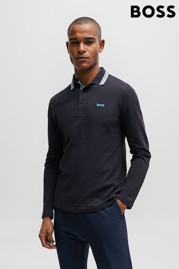 BOSS Blue Tipped Collar Long Sleeve Polo Shirt (Q75360) | £99