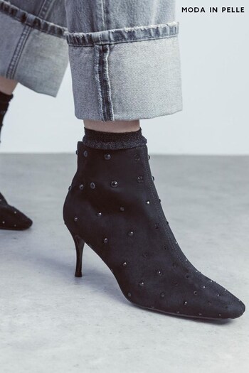 Moda in Pelle Wenoa Sq Toe Kitten Heel Crystal Stone Ankle Black Boots (Q75481) | £149