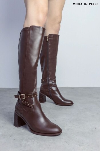 Moda in Pelle Umah Smart Heeled Long Pu Brown Boots With Zip (Q75497) | £189