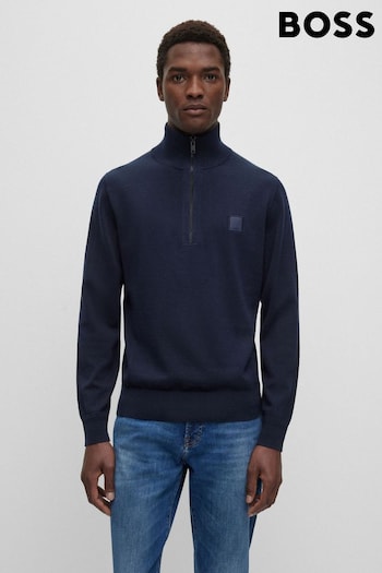 BOSS Blue Zip-Neck Knitted Sweater in Cotton and Cashmere (Q75522) | £129