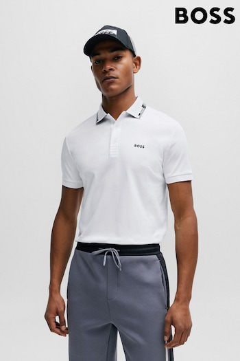 BOSS White Slim Fit Interlock Cotton Polo Shirt With Collar Graphics (Q75530) | £99