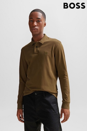 BOSS Khaki Green Logo Patch Long Sleeve Polo Shirt (Q75555) | £89