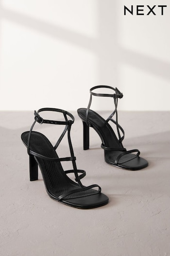 Black Signature Leather Strappy Heeled Sandals (Q75583) | £62