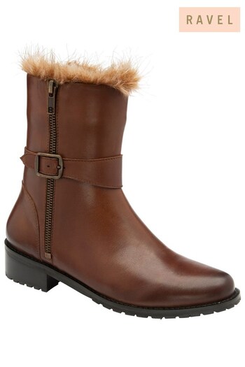 Ravel Brown Leather Block-Heel Zip-Up Mid-Calf Boots (Q75650) | £100