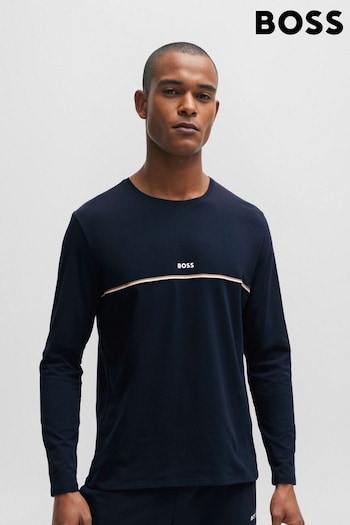 BOSS Blue Stretch-Cotton Pyjama T-Shirt With Signature Stripe and Logo (Q75736) | £59