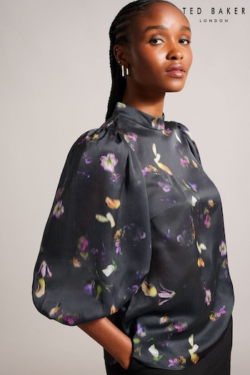 Ted Baker Niycole High Neck Black Top With Balloon Sleeves (Q75743) | £110