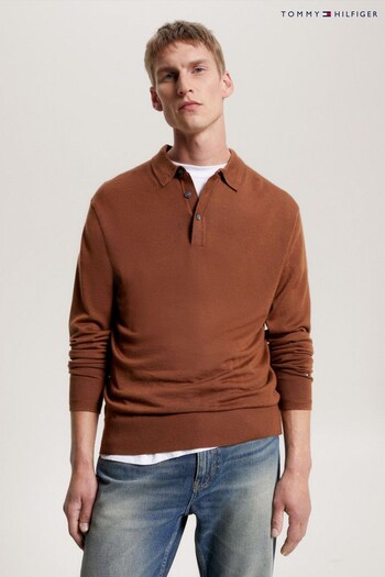 Tommy Hilfiger Brown Fine Merino Long Sleeve Polo Shirt (Q75753) | £150