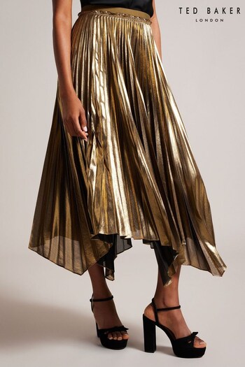 Ted Baker Nattiee Gold Pleated Skirt With Elasticated Waist (Q75756) | £150