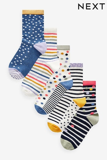 Ecru/Navy Spot Stripe Ankle Socks 5 Pack (Q76162) | £12