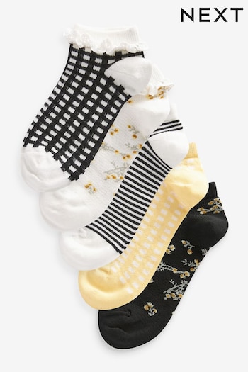 Black/White/Yellow Broderie Frll Trainers Socks 5 Pack (Q76209) | £12
