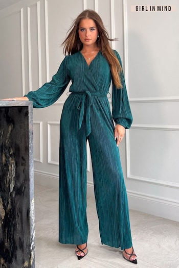 Girl In Mind Teal Green Jennie Plisse Long Sleeves Wrap Jumpsuit (Q76223) | £42