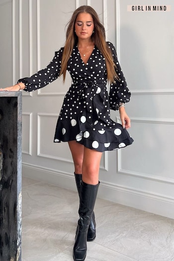 Girl In Mind Black Katrina Spot Print Long Sleeve Mini Dress (Q76252) | £45