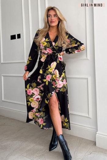 Girl In Mind Black Floral Thea Long Sleeve Wrap Midi Dress (Q76254) | £45