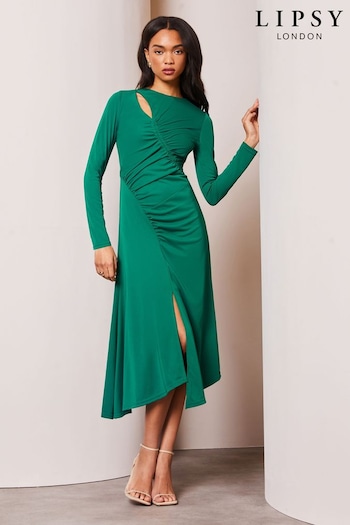 Lipsy Forest Green Long Sleeve Cutout Ruched Asymmetrical Midi Dress (Q76479) | £75