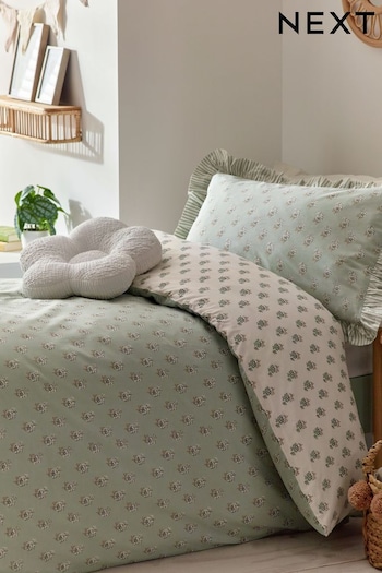 Sage Green Block Floral Printed Polycotton Duvet Cover and Pillowcase Bedding (Q76573) | £20 - £32