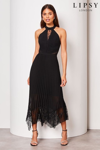 Lipsy Black Halter Pleated Lace Midi Dress (Q76617) | £92