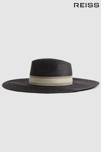 Reiss Black Georgina Raffia Wide Brim Sun Hat (Q76627) | £98