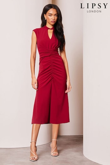 Lipsy Berry Red Ruched Front Keyhole Short Sleeve Midi Dress (Q76632) | £69
