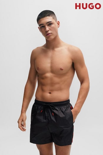 HUGO Logo Tape Swim Black Shorts In Quick Drying Recycled Fabric (Q76665) | £69