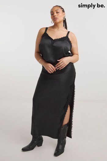 Simply Be Black Satin Lace Trim Maxi Skirt (Q76691) | £32