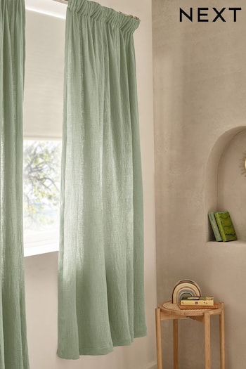 Sage Green 100% Cotton Crinkle Pencil Pleat Curtains (Q76693) | £25 - £55