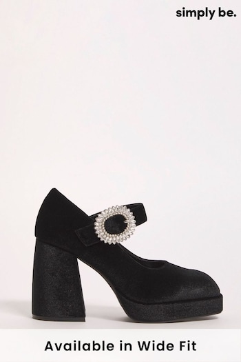 Simply Be Black Wide Fit Mary Jane Platform Heeled Shoes With Diamante Buckle (Q76714) | £38