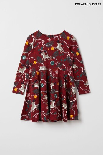 Polarn O Pyret Red Organic Reindeer Print Christmas Dress (Q76985) | £30