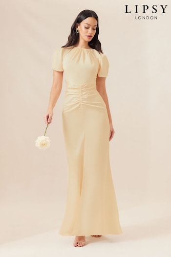 Lipsy Cream Satin Short Sleeve Ruched Front Split Bridesmaid Dress (Q77004) | £96