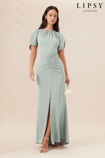 Lipsy Sage Green Petite Short Sleeve Ruched Front Split Bridesmaid Dress (Q77031) | £96