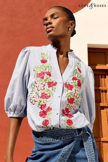 Love & Roses Blue Embroidery Ruffle V Neck 3/4 Sleeve Button Up Blouse (Q77067) | £38