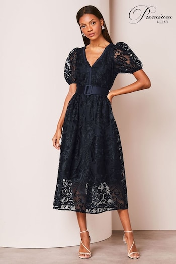 Lipsy Navy Blue Premium Lace Embroidered Puff Sleeve Belted Midi Dress (Q77088) | £150