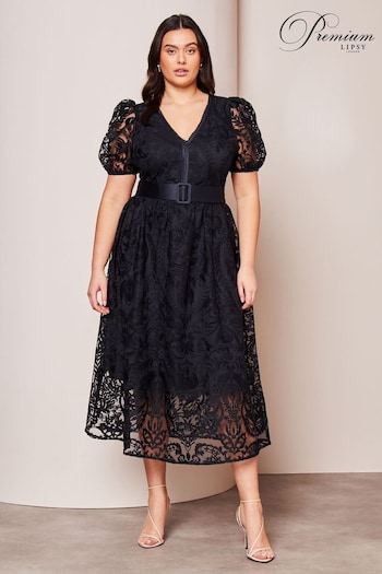 Lipsy Navy Blue Curve Premium Lace Embroidered Puff Sleeve Belted Midi Dress (Q77090) | £150