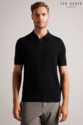 Ted Baker Tohall Short Sleeve Merino Zip Black Polo Shirt (Q77211) | £85