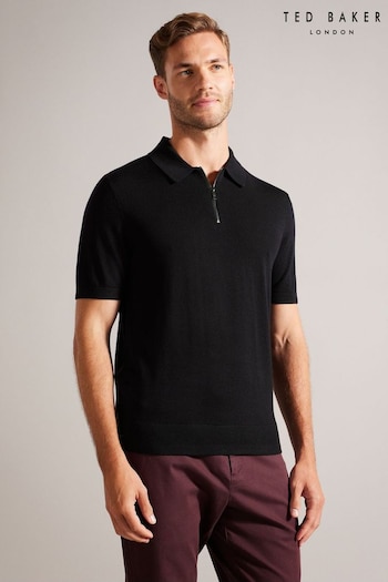 Ted Baker Tohall Short Sleeve Merino Zip Black Polo Shirt (Q77222) | £85