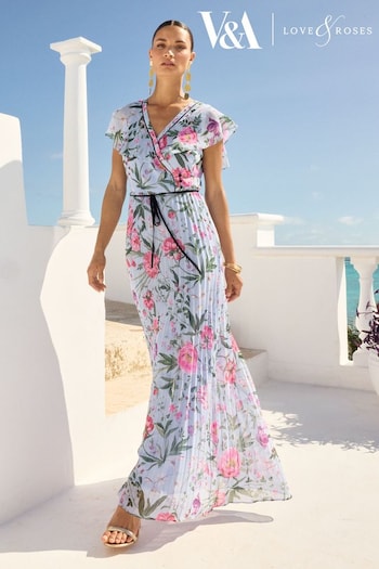 V&A | Love & Roses Blue Floral Printed Pleated Contrast Tipping Maxi Dress (Q77406) | £79