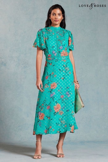 T-shirt Ess Chestlogo Green Floral Printed Metallic Flutter Sleeve Midi Dress (Q77432) | £69