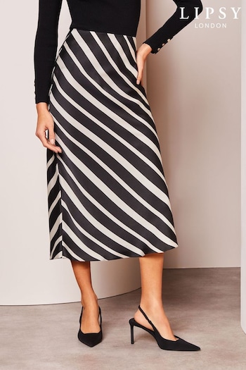 Lipsy Black White Stripe Petite Satin Bias Cut Midi Skirt (Q77454) | £35