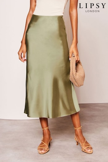 Lipsy Khaki Green Satin Bias Cut Midi Skirt (Q77461) | £32