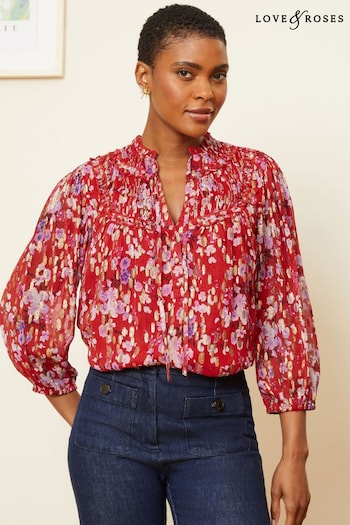 T-Shirts & Polos Red Floral Metallic Printed Shirred Yoke 3/4 Sleeve Blouse (Q77496) | £38