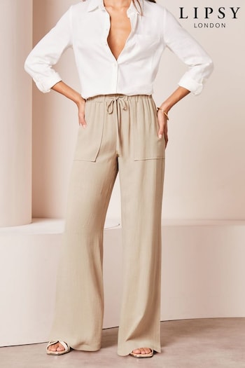 Lipsy Camel Petite Wide Leg Trousers Black With A Touch of Linen (Q77499) | £34