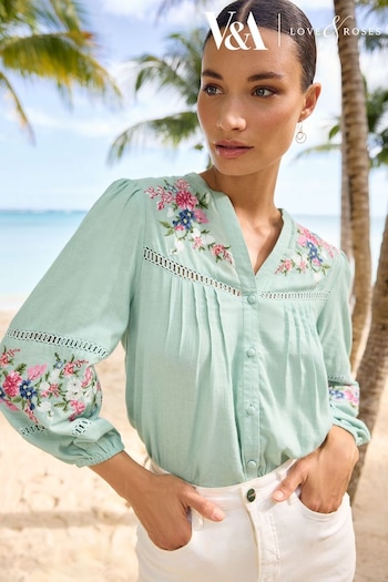 V&A | New In Bedding Green Embroidery Ruffle V Neck Button Through Blouse (Q77502) | £42
