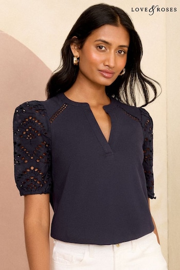 Love & Roses Navy Blue Broderie Shorts Sleeve V Neck Jersey Top (Q77520) | £28