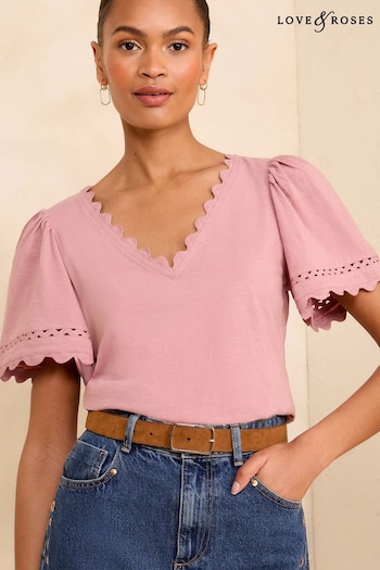 White Shirt With Bobbin Lace Pink Scallop V Neck Jersey T-Shirt (Q77530) | £24