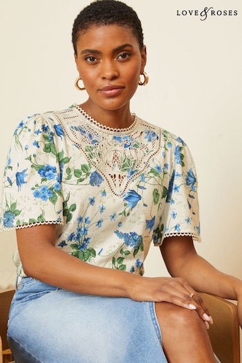 Love & Roses Ivory White and Blue Floral Lace Insert Flutter Sleeve Jersey Top (Q77546) | £30