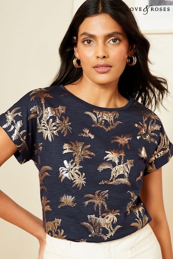 Love & Roses Navy Blue Foil Print Crew Neck Jersey T-Shirt (Q77547) | £25