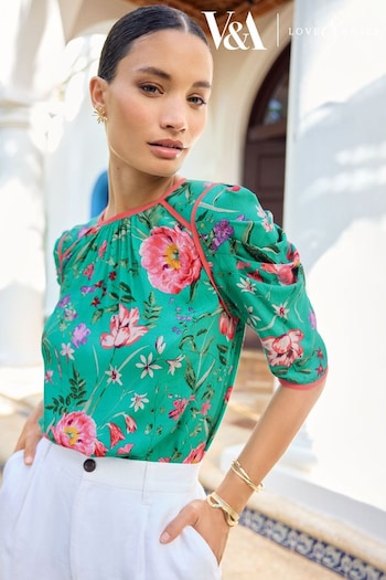 V&A | New: Joules Tailoring Green Floral Historical Sleeve Crepe Blouse (Q77582) | £38