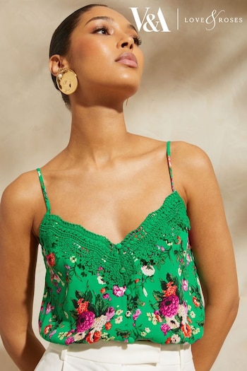 V&A | Trending: Top & Short Sets Green Lace Trim Camisole (Q77587) | £30