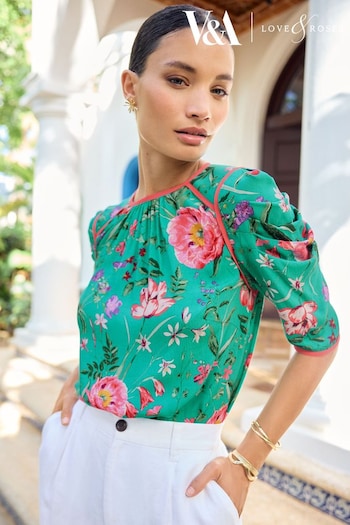 V&A | New: Joules Tailoring Green Petite Floral Historical Sleeve Crepe Blouse (Q77595) | £38
